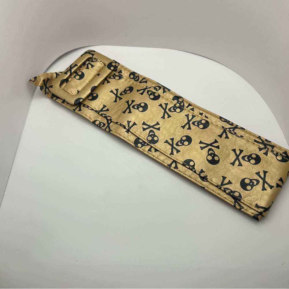 Wide Skull Crossbones Print Belt with Covered Square Buckle - Gold Black 3.5”